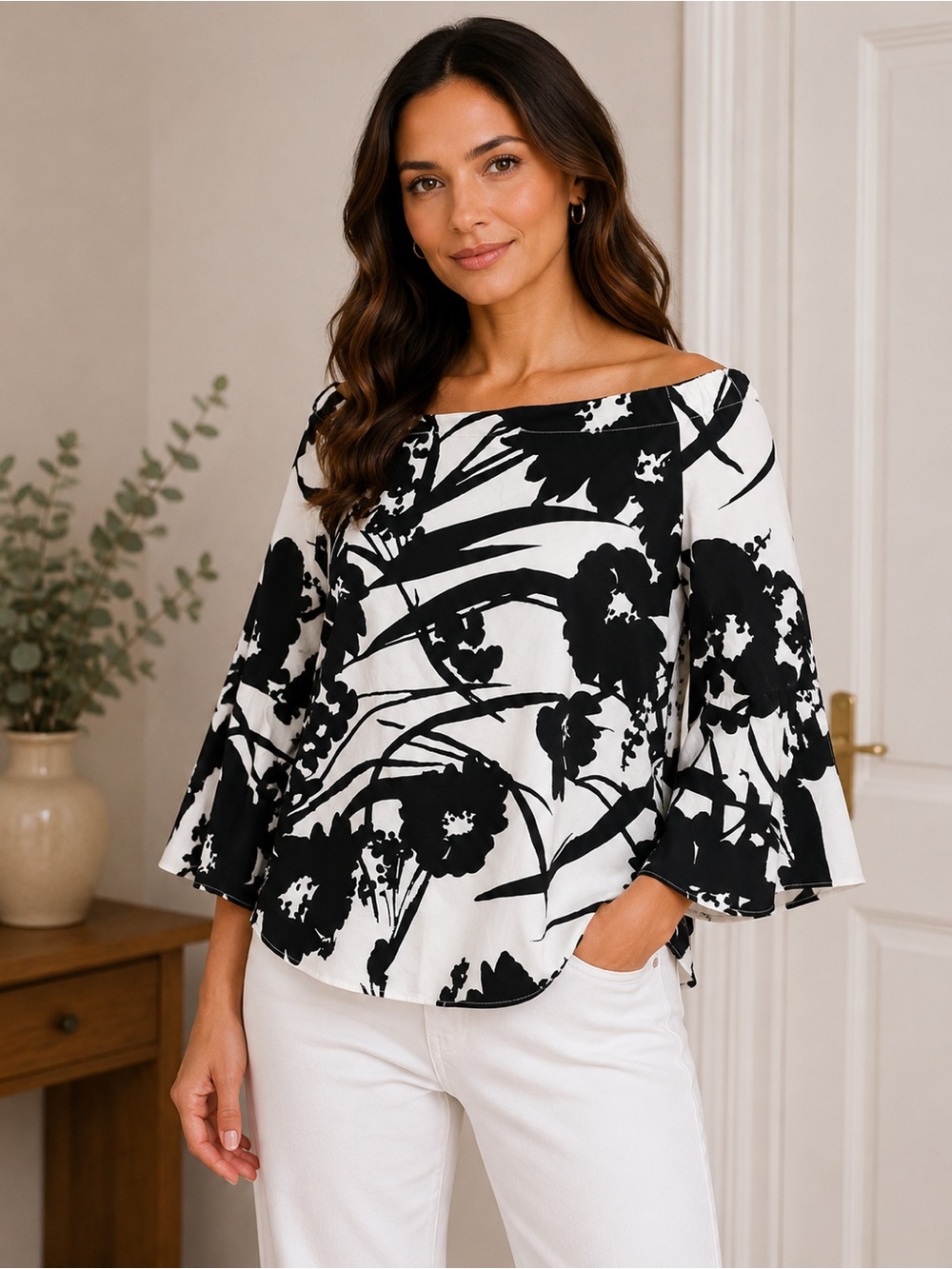White House Black Market Black and White Floral Bell Sleeve Top M